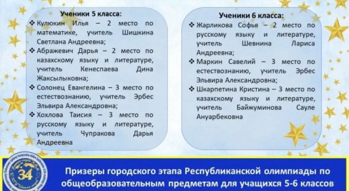 Школа-лицей №34 достойно выступила на городском этапе Республиканской олимпиады по общеобразовательным предметам среди учащихся 5–6 классов.